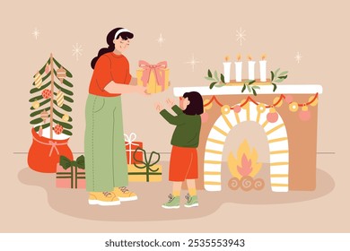 Family exchanging gifts at Christmas. Festive scene with parent and child decorating the fireplace. Hand drawn modern flat vector illustration set.