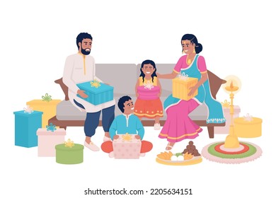 Family exchanging gifts on Diwali semi flat color vector characters. Editable figures. Full body people on white. Celebration simple cartoon style illustration for web graphic design and animation