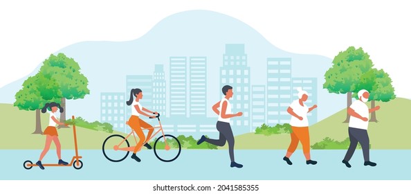 Family exercise in park vector illustration. Healthy lifestyle - Shutterstock ID 2041585355