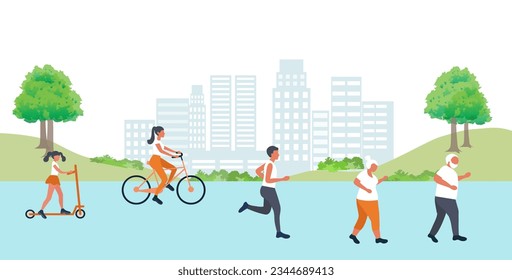 Family exercise in park vector illustration. Healthy lifestyle