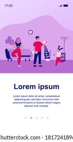 Family exercising at home. Parents and kid doing yoga, lifting weight, jumping rope in living room interior. Vector illustration for lockdown, activity, body training, indoor workout concept