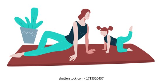 Family exercising and sports activities, healthy lifestyle, physical health, isolated icon vector. Daily routine, parent and child, yoga and fitness, dad and mom. Sporting activity indoors, meditation