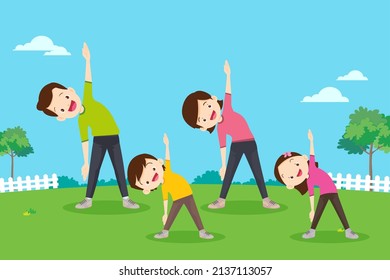 Family Exercising Together.Happy Family Exercising Together In Public Park For Good Health, Healthy, Activities, Physical Health, Sport, Daily Routine, Exercise, Lifestyle