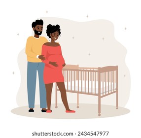 Family expecting for baby. African couple in love stand near baby crib. Future father and mother. Happy husband hugs pregnant wife. Parenthood concept. Vector illustration in cartoon style.