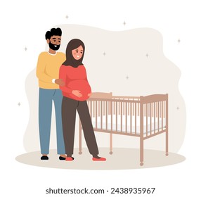 Family expecting for baby. Arabian couple in love stand near baby crib. Future father and mother. Happy husband hugs pregnant wife. Parenthood concept. Vector illustration in cartoon style.