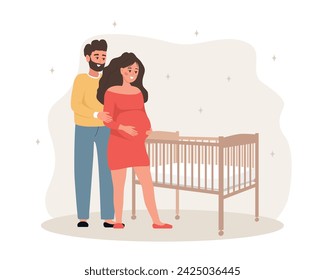 Family expecting for baby. Couple in love stand near baby crib. Future father and mother. Happy husband hugs pregnant wife. Parenthood concept. Vector illustration in cartoon style.