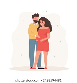 Familia esperando un bebé. Pareja enamorada pensando en su hijo por nacer. Futuro padre y madre. Un marido feliz abraza a una mujer embarazada. Concepto de paternidad. Ilustración vectorial en estilo de dibujos animados.