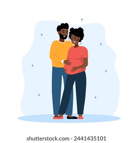 Family expecting for baby. Couple in love thinking about of their unborn child. Future father and mother. Happy husband hugs pregnant wife. Parenthood concept. Vector illustration in cartoon style.