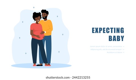 Family expecting for baby. Couple in love thinking about of their unborn child. Future father and mother. Happy husband hugs pregnant wife. Parenthood concept. Vector illustration in cartoon style.