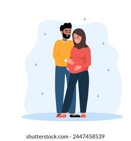 Family expecting for baby. Couple in love thinking about of their unborn child. Future father and mother. Happy husband hugs pregnant wife. Parenthood concept. Vector illustration in cartoon style.