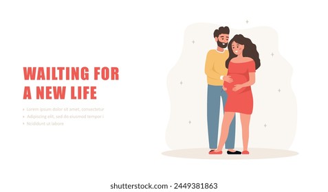 Family expecting for baby. Couple in love thinking about of their unborn child. Future father and mother waiting for a new life. Happy husband hugs pregnant wife. Vector illustration in cartoon style.