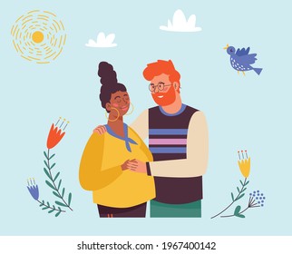 Family expecting child cartoon characters on summer background, flat vector illustration. Family reproduction and family planning concept, love relationships.