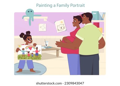 Family expecting a second child. Black woman pregnant with a second baby. Little girl painting a family portrait with mother, father, sister and brother. Flat vector illustration