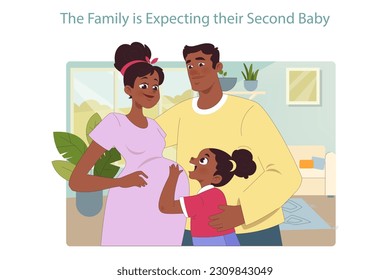 Family expecting a second child. Black woman pregnant with a second baby. Steps to prepare a child for a new sibling. Mom, dad and daughter waiting for a baby to be born. Flat vector illustration