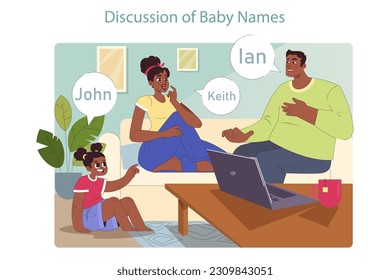 Family expecting a second child. Black woman pregnant with a second baby. Mom, dad and daughter dicussing and choosing baby names. Flat vector illustration