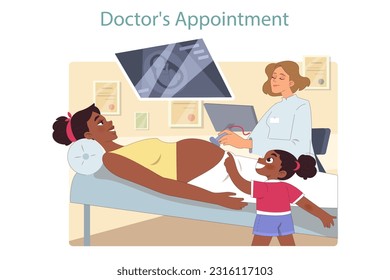 Family expecting a second child. Black woman pregnant with a second baby. Steps to prepare a child for a new sibling. Mom and daughter at the doctor's appointment. Flat vector illustration
