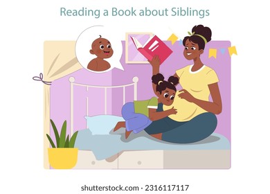 Family expecting a second child. Black woman pregnant with a second baby. Mother and daughter reading a book about siblings to prepare a child for a new kid. Flat vector illustration