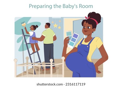 Family expecting a second child. Black woman pregnant with a second baby. Mom, dad and daughter preparing a new room, painting a wall together. Flat vector illustration