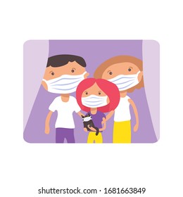 Family with face masks. COVID-19 quarantine conceptual vector illustration. Self isolation sign. Protection from coronavirus or respiratory virus. Prevent infection respiratory tract.