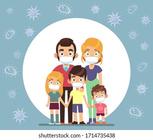 Family face masks. Parents and children wearing protective medical mask for prevent virus vector healthcare concept