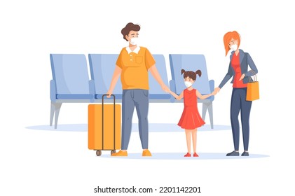 Family in face masks traveling during coronavirus epidemic. Mom, dad and daughter wearing medical protection masks waiting for flight at airport terminal. Prevention of seasonal flu disease vector
