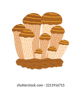 Family of fairy mystery mushrooms. Colorful vector isolated illustration hand drawn. Wildlife doodle card. Little magical mushrooms in forest. Clip art autumn print