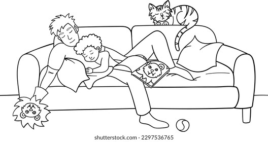 FAMILY FALLING ASLEEP DURING STORY TIME, VECTOR