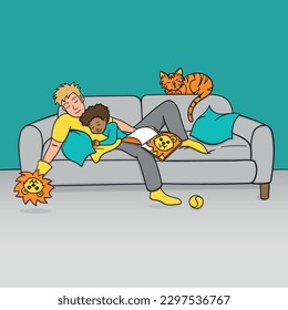 FAMILY FALLING ASLEEP DURING STORY TIME, VECTOR