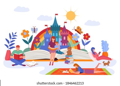 Family fantasy by story book, vector illustration. Literature for children, girl, kid happy child character. People read book, childhood reading and cartoon young imagination about fairy tale.