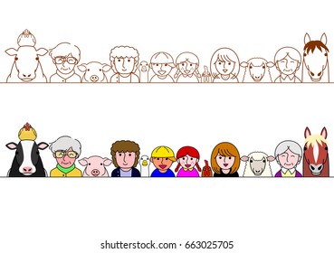 family and farm animals border set