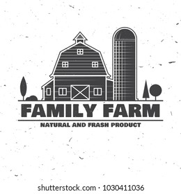 Family Farm Badges or Labels. Vector illustration. Vintage typography design with farm barn silhouette. Elements on the theme of the farming business.