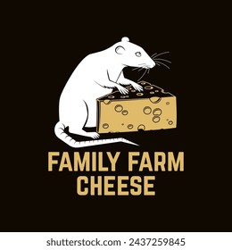 Family farm cheese badge design. Template for logo, branding design with triangle block cheese and rat, mouse. Vector illustration. Hand crafted product cheese