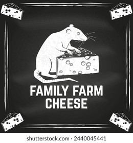 Family farm cheese badge design on the chalkboard. Template for logo, branding design with triangle block cheese and rat, mouse. Vector illustration. Hand crafted product cheese