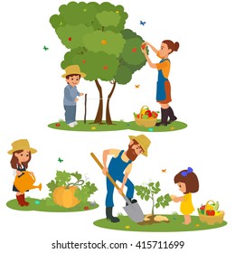  Family Farm Harvests And Caring For Plants. Vector. 