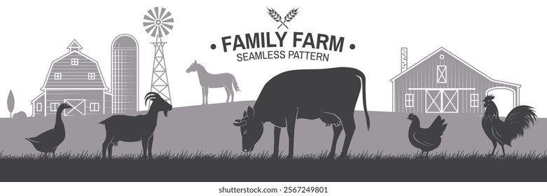 Family farm horizontal seamless pattern. Vector illustration. Vintage rustic design with chicken, goat, goose, horse, cow on the grass and farm house silhouette for background, wallpaper.