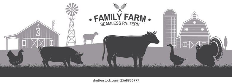 Family farm horizontal seamless pattern. Vector illustration. Vintage rustic design with chicken, goose, sheep, cow, turkey, pig on the grass and farm house silhouette for background, wallpaper.