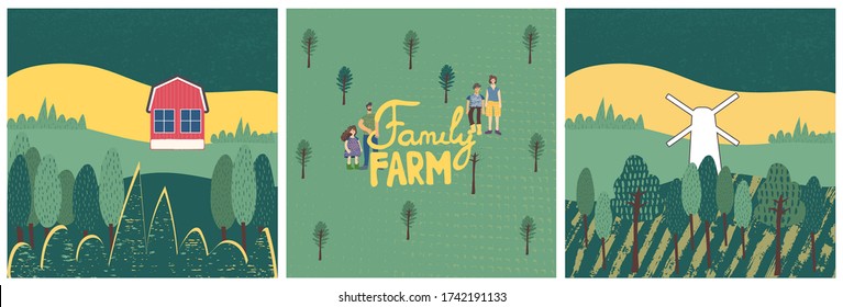 Family farm illustration and lettering. Rural landscape, farmhouse, mill, family on the farm. Design elements with cute texture. Set of flat vector in cartoon style