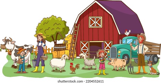 Family farm illustration with mother, father, kids, hay, cow, pig, calf, cow. Country rural landscape with happy family working at farm. Village background with young cheerful people, mill, cock, barn