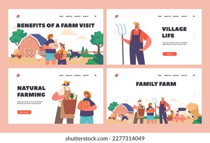 Family Farm Landing Page Template Set. Farmers Work On Land, Raising Crops And Livestock, Cartoon Vector Illustration