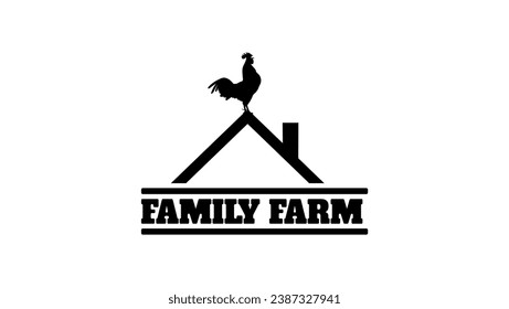 Logo de la granja familiar, gallo en el tejado con texto