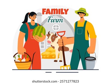 Family Farm Vector Illustration Featuring a Mother and Father Working on a Farm in a Rural Countryside Landscape with a Flat Style Cartoon Background