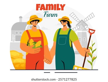 Family Farm Vector Illustration Featuring a Mother and Father Working on a Farm in a Rural Countryside Landscape with a Flat Style Cartoon Background