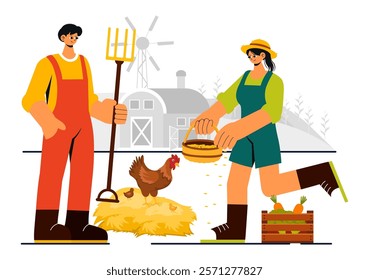 Family Farm Vector Illustration Featuring a Mother and Father Working on a Farm in a Rural Countryside Landscape with a Flat Style Cartoon Background