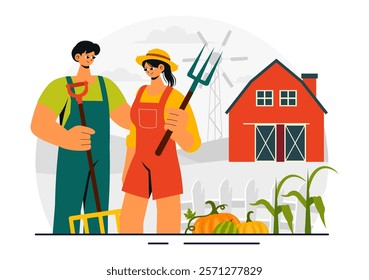 Family Farm Vector Illustration Featuring a Mother and Father Working on a Farm in a Rural Countryside Landscape with a Flat Style Cartoon Background