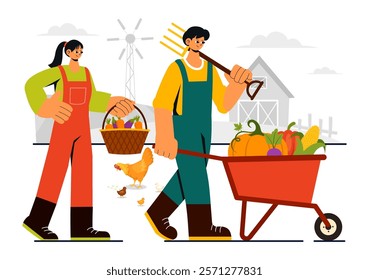 Family Farm Vector Illustration Featuring a Mother and Father Working on a Farm in a Rural Countryside Landscape with a Flat Style Cartoon Background