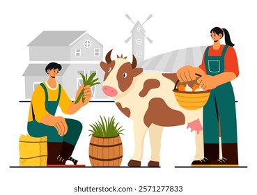 Family Farm Vector Illustration Featuring a Mother and Father Working on a Farm in a Rural Countryside Landscape with a Flat Style Cartoon Background