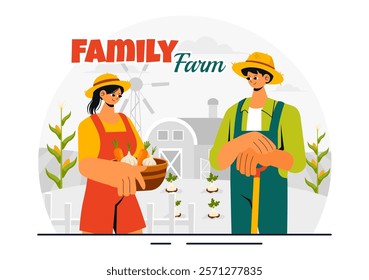 Family Farm Vector Illustration Featuring a Mother and Father Working on a Farm in a Rural Countryside Landscape with a Flat Style Cartoon Background