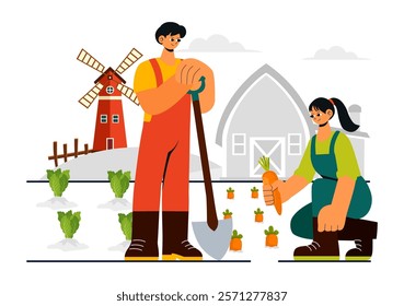 Family Farm Vector Illustration Featuring a Mother and Father Working on a Farm in a Rural Countryside Landscape with a Flat Style Cartoon Background