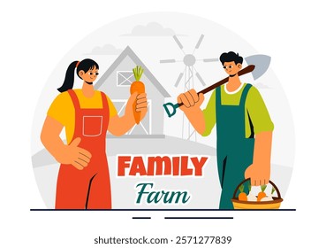 Family Farm Vector Illustration Featuring a Mother and Father Working on a Farm in a Rural Countryside Landscape with a Flat Style Cartoon Background