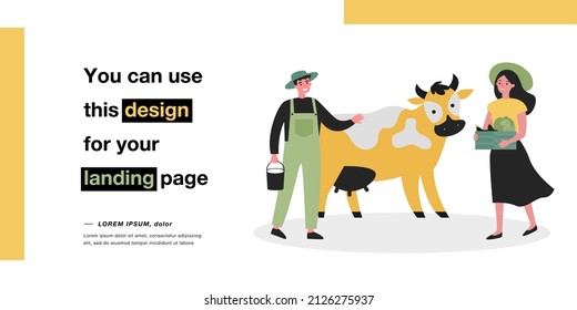 Family of farmers and cow on rustic farm. Woman holding box with harvest flat vector illustration. Family organic milk production, farming concept for banner, website design or landing web page